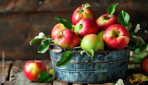 Fresh hand-picked apples in rustic metal bucket for harvest and autumn themes with copy space