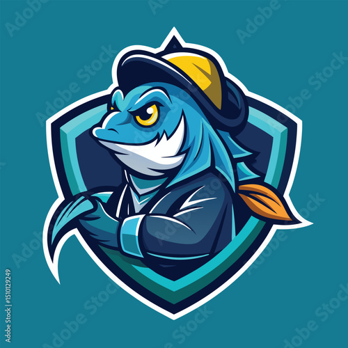 Creative fishing vector mascot logo design featuring a confident aquatic character with modern illustration style, ideal for branding fishing businesses or events