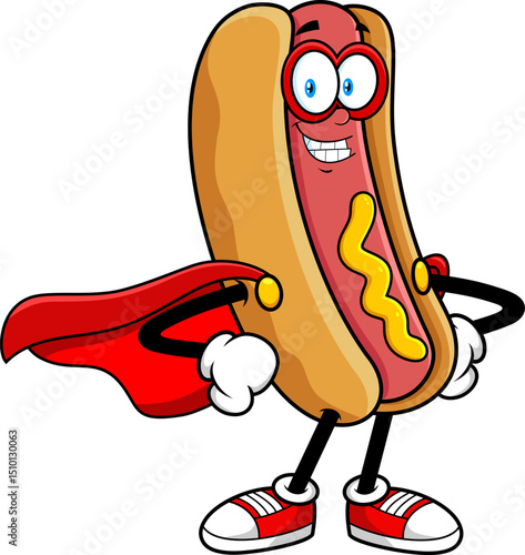 Hot Dog Superhero Cartoon Mascot Character With Red Cape And Mask