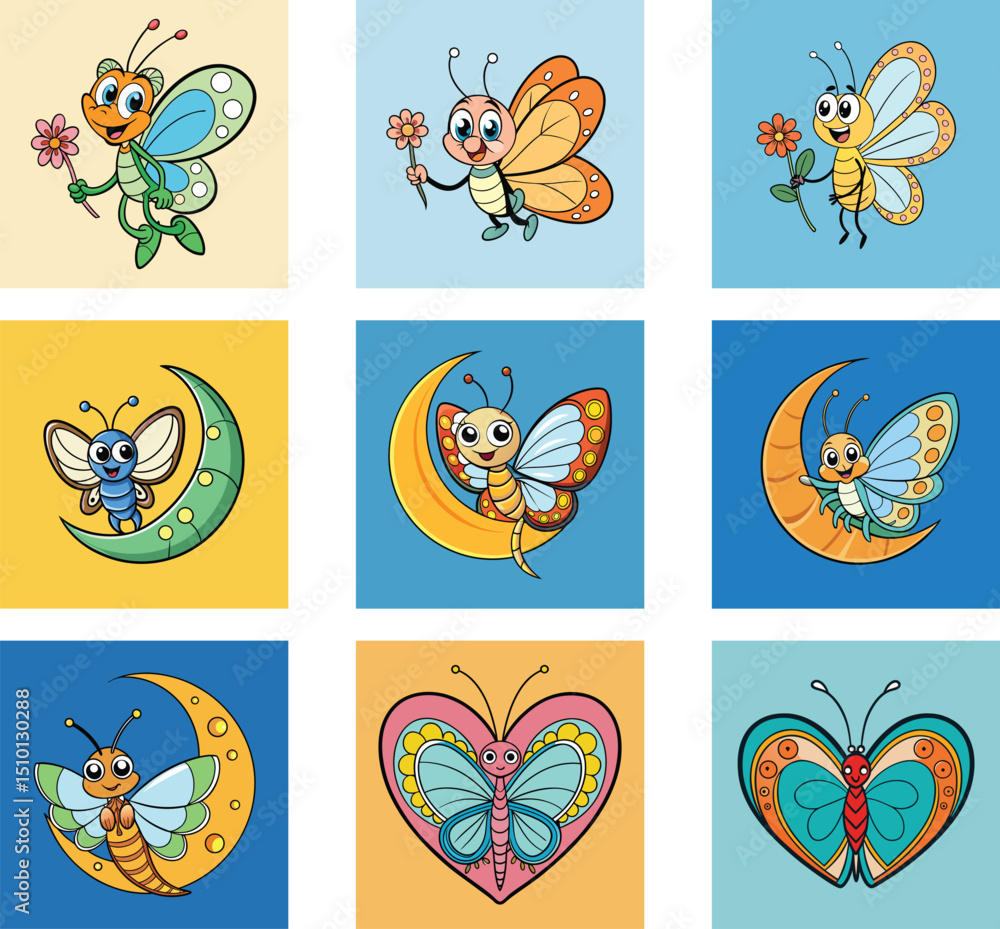 Obraz premium Collection Of Charming Cartoon Butterfly Illustrations With Flowers And Moon Elements On Colorful Backgrounds