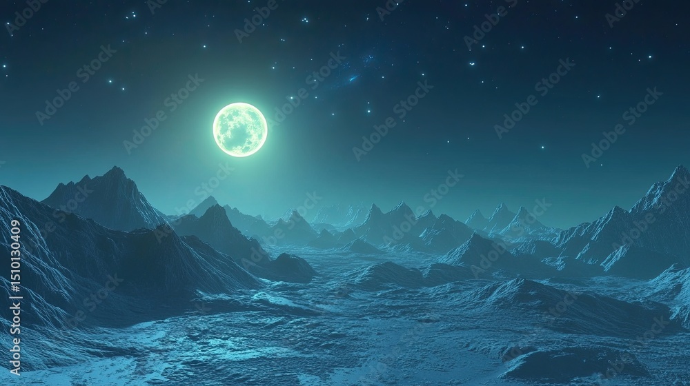 Ethereal nocturnal landscape with a glowing moon illuminating rugged mountains Ethereal nocturnal landscape with a glowing moon illuminating rugged mountains