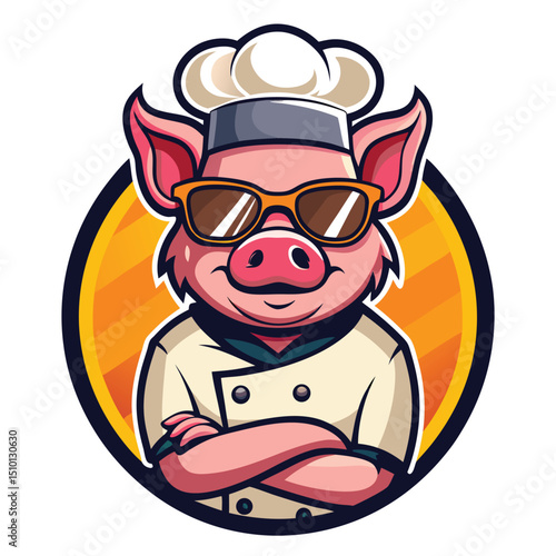 Cool pig chef in sunglasses and hat proudly cooking in a bright kitchen, showcasing culinary skills with a playful attitude and stylish appearance