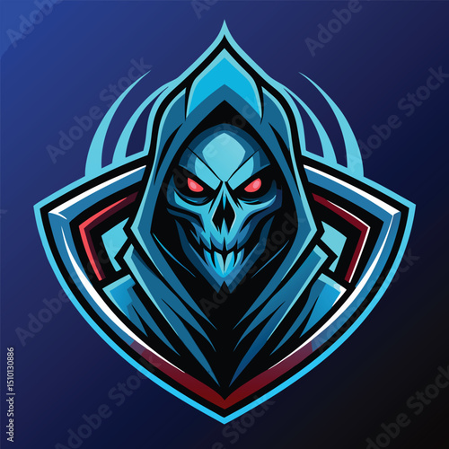 Hood reaper mascot design featuring glowing colors in a dynamic esports and sports context with a fierce visage