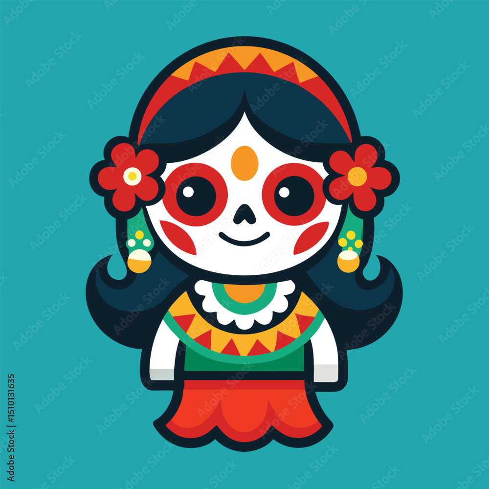Fototapeta premium Catrina mascot logo featuring colorful flat design with friendly child character celebrating Mexican culture
