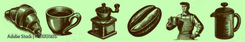 Vintage Engraved Icons of Coffee and Bakery Items Featuring Croissant Coffee Mug and Barista for Cafe Branding