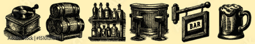 Vintage Bar and Brewery Engraving Icons Featuring Draft Beer Barrel Taps and Pub Sign for Alcohol Branding