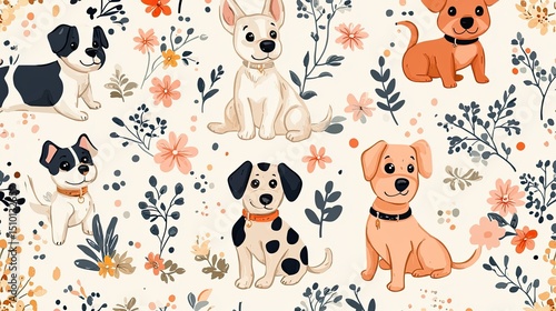 Charming dogs and whimsical flowers form a delightful pattern background