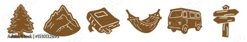 Mountain and Vanlife Icons Featuring Tree Tent Hammock Camper Van and Signpost for Travel Lifestyle Designs