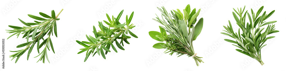 Fototapeta premium Fresh, aromatic herbs including rosemary and thyme, showcasing natural green hues, vibrant textures ideal for cooking and culinary presentations