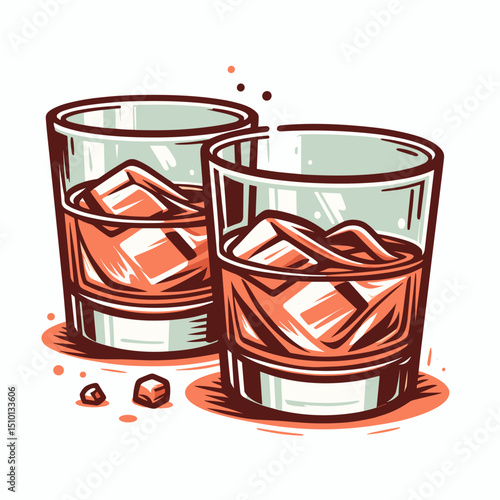 Two whiskey glasses with ice cubes