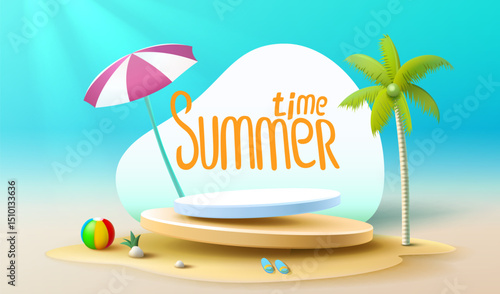 Summer time banner sale, beach umbrella with lounger for relaxation, sunglasses, seaside vacation scene. Vector illustration