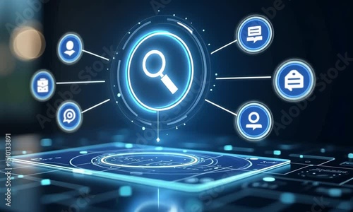 3D Holographic Magnifying Glass Icon with Scanning Beam Below, Representing Search Function in Futuristic Neon UI Design on Dark Background

