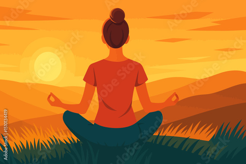 This illustration depicts a serene scene of a woman meditating outdoors during sunset. She is sitting cross-legged on the grass in a yoga pose, facing the setting sun, with her hands resting on her