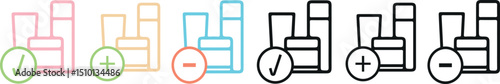 set of icons of different colors and shapes of facial cosmetics with additional plus, minus and check marks, for cosmetology or other beauty fields