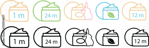 set of icons of different colors and shapes of facial cosmetics with additional labels, for cosmetology or other beauty fields