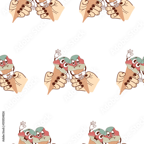 pattern with icons of smiling and sad anthropomorphic ice cream in waffle cones held by two hands, retro, vintage style