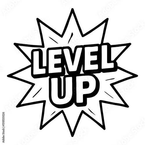 Outline Icon of "LEVEL UP" Text in a Starburst Shape - Representing Achievement and Progression in Gaming