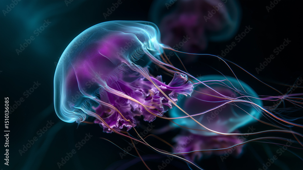 Jellyfish dancing with light trails behind, purple and teal glow in black sea, long exposure feel Jellyfish dancing with light trails behind, purple and teal glow in black sea, long exposure feel