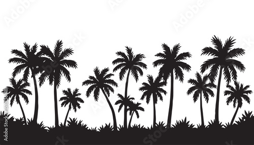 A vector silhouette showing tropical palm trees of different sizes against a simple background

