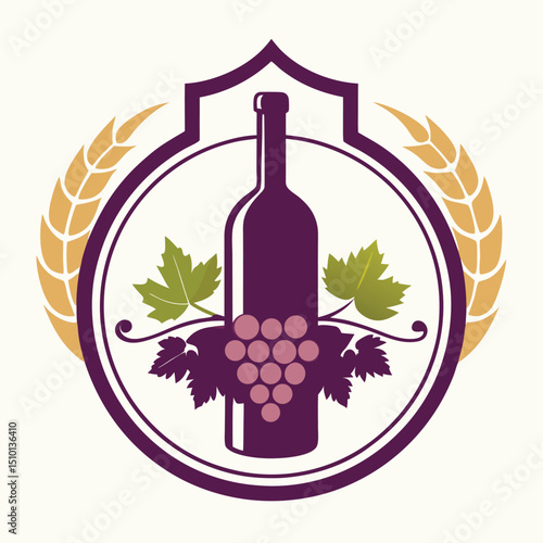 Elegant vector logo design for a winery featuring a bottle, grapes, and vine leaves with a sophisticated style perfect for branding in the wine industry