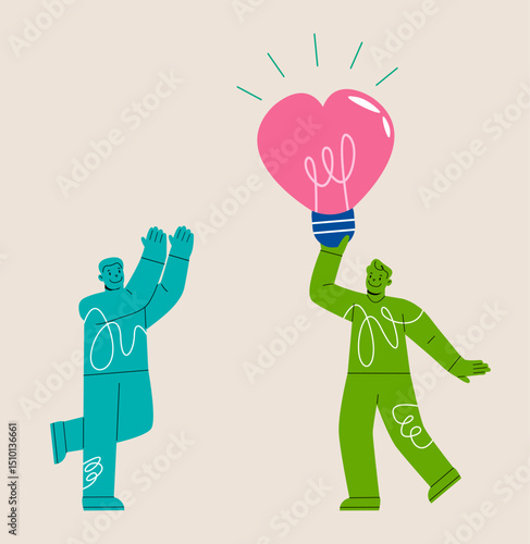Man hands a lamp with heart to a man. Colorful vector illustration