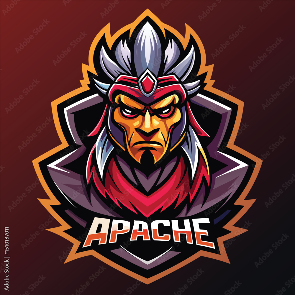 Fototapeta premium Eye-catching apache head esports mascot logo featuring fierce expression, vibrant colors, and bold design elements suitable for gaming branding and team representation