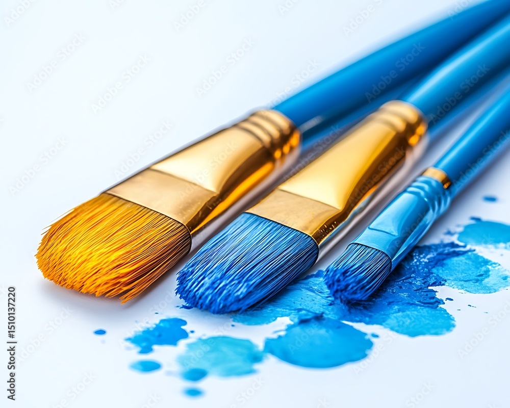 Fototapeta premium Paintbrushes and blue paint splatters on white background