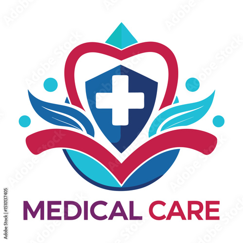 Medical care vector logo design featuring a shield and heart elements with blue and pink colors representing health and compassion in a modern style