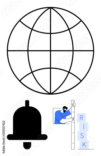 Globe outline for global communication, bell icon for notification, man measuring risk levels. Ideal for business planning, risk management, technology, communication, safety, alerts simple landing