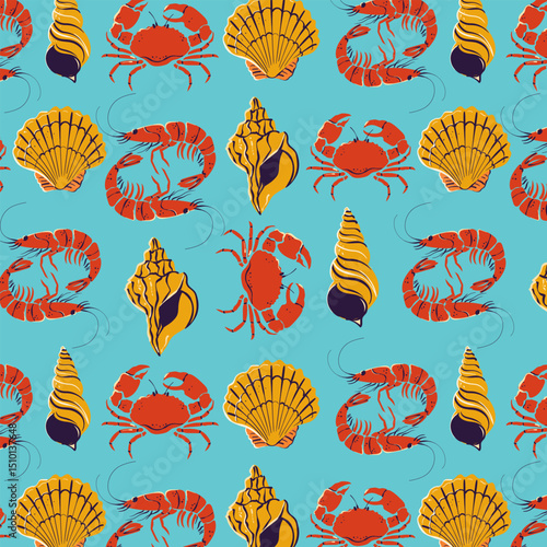Marine pattern with crabs, shrimps, shells and algae. Ocean life and sea creatures, animals and plants. Nautical background for textile, web design, wrapping and all prints.