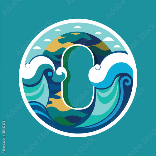 Ocean waves create a vibrant vector illustration featuring the letter o, capturing the essence of coastal beauty and fluid dynamics in an artistic composition