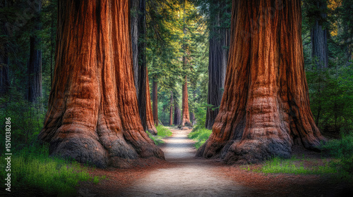 Majestic sequoia trees frame a serene path in a lush forest during late afternoon light