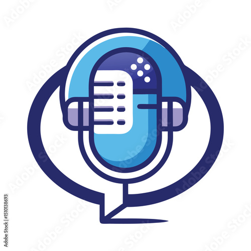 Creative podcast or radio logo design featuring a stylized microphone and speech bubble in vibrant blue and white colors for modern audio productions