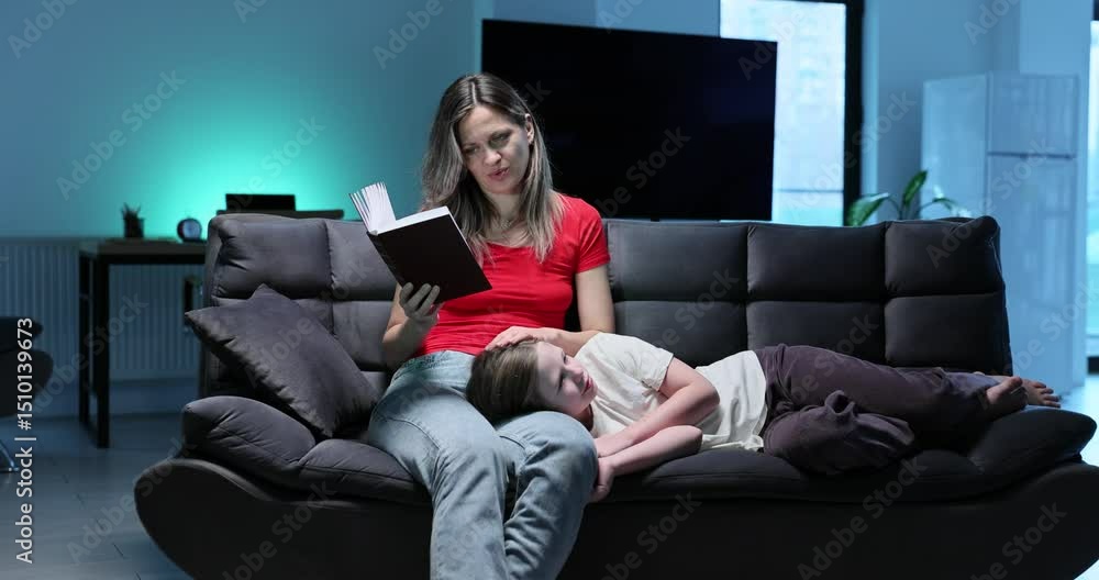 Caring mother gently strokes hair of lying daughter and holds storybook. Woman reads slowly to help daughter fall asleep peacefully. Slow motion Caring mother gently strokes hair of lying daughter and holds storybook. Woman reads slowly to help daughter fall asleep peacefully. Slow motion