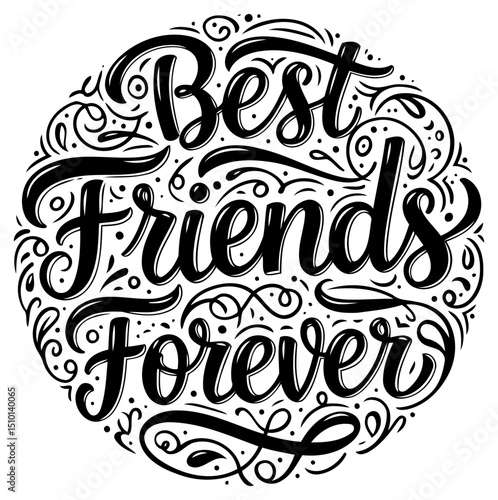 Black and white circular graphic design featuring the phrase "Best Friends Forever" in a stylized script font with decorative flourishes.