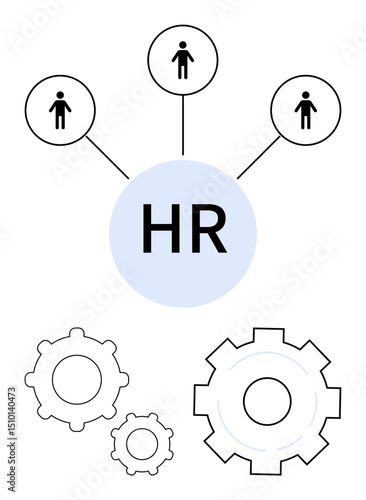 HR focus circle connected to three individuals, surrounded by process gears. Ideal for recruitment, teamwork, workflow, employee management, organization, leadership, simple landing page