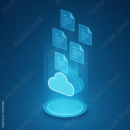 Futuristic cloud-based file transfer with glowing documents moving upward digitally