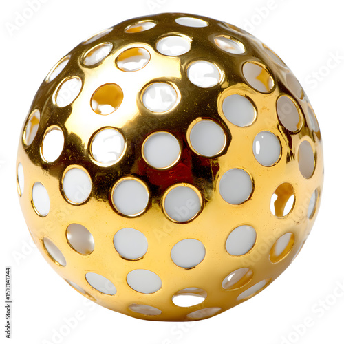 3D golden geometric sphere, isolated on transparent background.