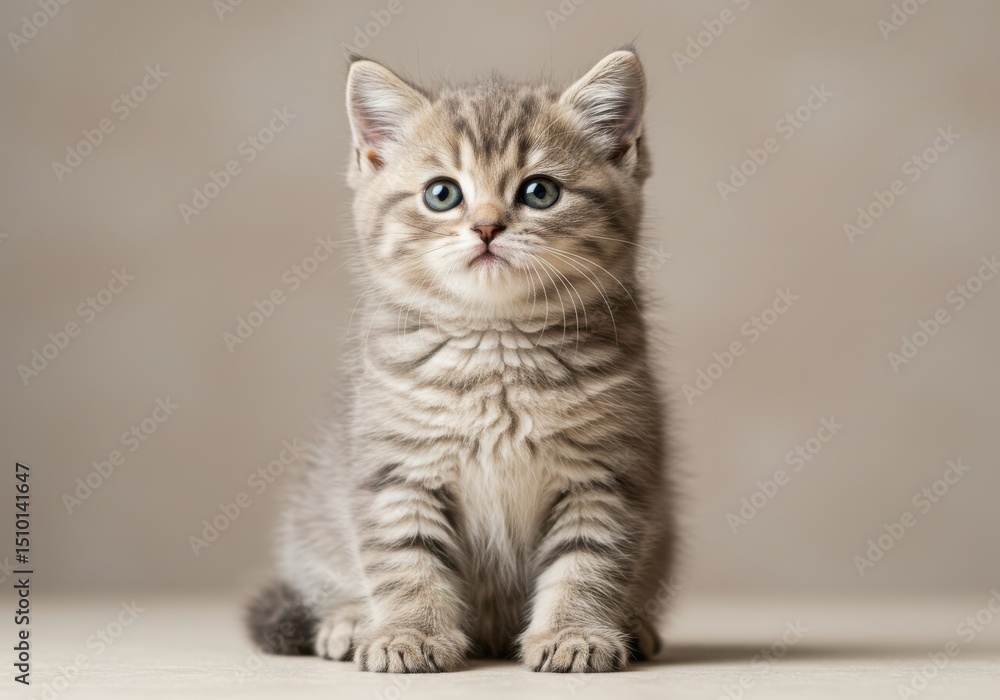 Cute tabby kitten sitting upright looking at the camera Cute tabby kitten sitting upright looking at the camera