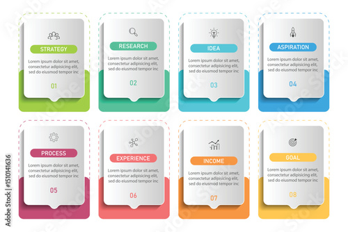 infographic vector illustration with 3, 8, 5, 7 steps, infographic template design. Can be used for process diagrams, presentations, workflows.
