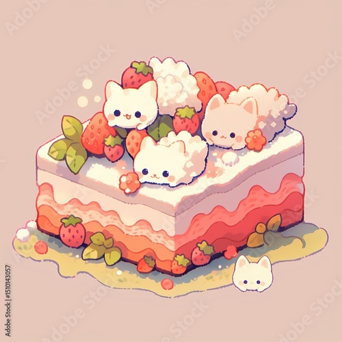 White cat sleeping on strawberry cake with companion cat