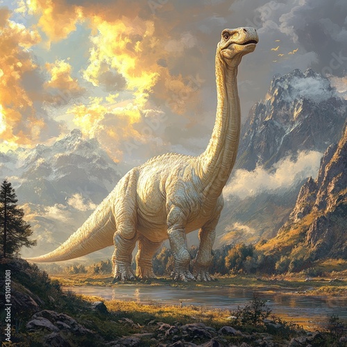 Fototapeta Naklejka Na Ścianę i Meble -  Majestic dinosaur stands tall amidst a serene mountain landscape at sunrise.  A gentle golden light bathes the scene
