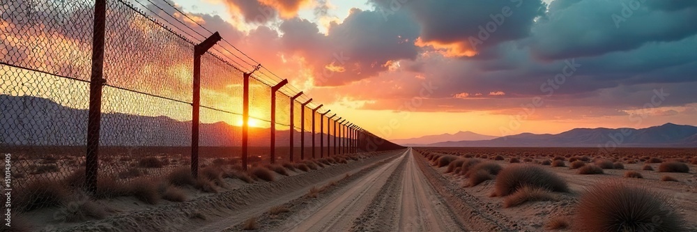 Obraz premium A desolate border fence stretches across a barren landscape under a dramatic sky, emphasizing the harsh realities of border control and territorial divisions , separation, exile