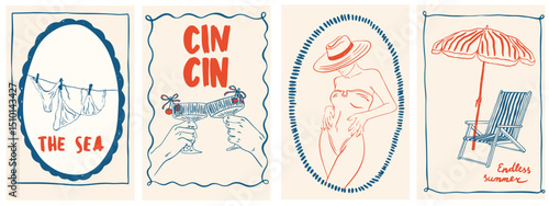Summer Italy la dolce vita vintage posters. Amalfi or Sicily of postage stamps with image of Italian Mediterranean cocktails, woman, beach decor. Minimalist line art.  Vector illustration ink doodle 