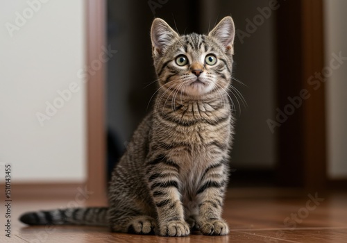 Wallpaper Mural Striped tabby kitten sitting on wooden floor looking up Torontodigital.ca