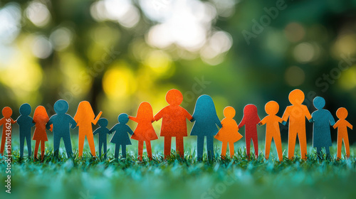 A diverse array of individuals, united by a shared concern for social well-being, held aloft paper cutouts representing various societal needs: a family, a home, an adoption foster care program, 