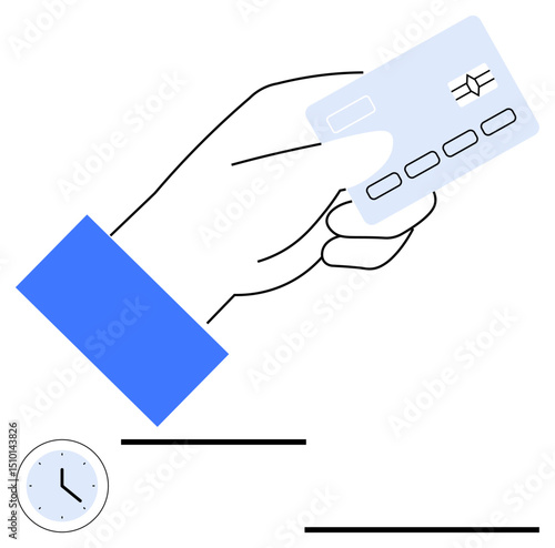 Hand presenting credit card for payment with clock icon indicating time, highlighting timing and financial concepts. Ideal for payments, banking, shopping, finance, e-commerce, transactions, simple