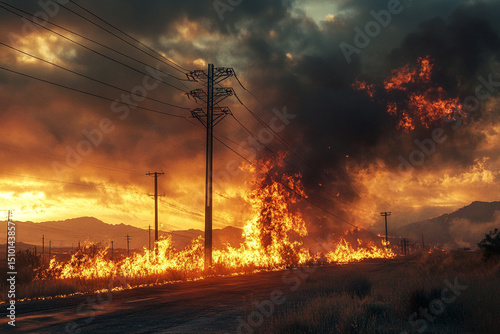 A wildfire spreading dangerously close to a power line