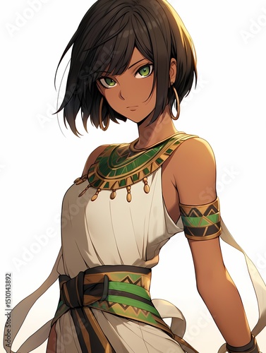 A woman with tanned skin, black hair, and green eyes wears traditional Egyptian jewelry and a sleeveless dress with a green and gold sash, standing against a white background.