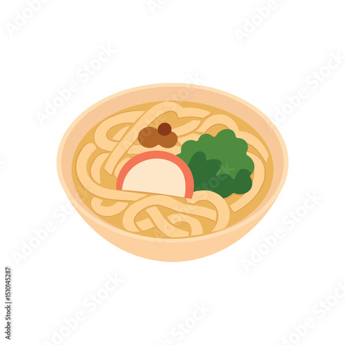 Bowl of udon noodles. Thick ramen noodles in broth. Illustration is ideal for use in digital menus, Japanese cuisine, or food-themed designs. Vector isolated on a white background.